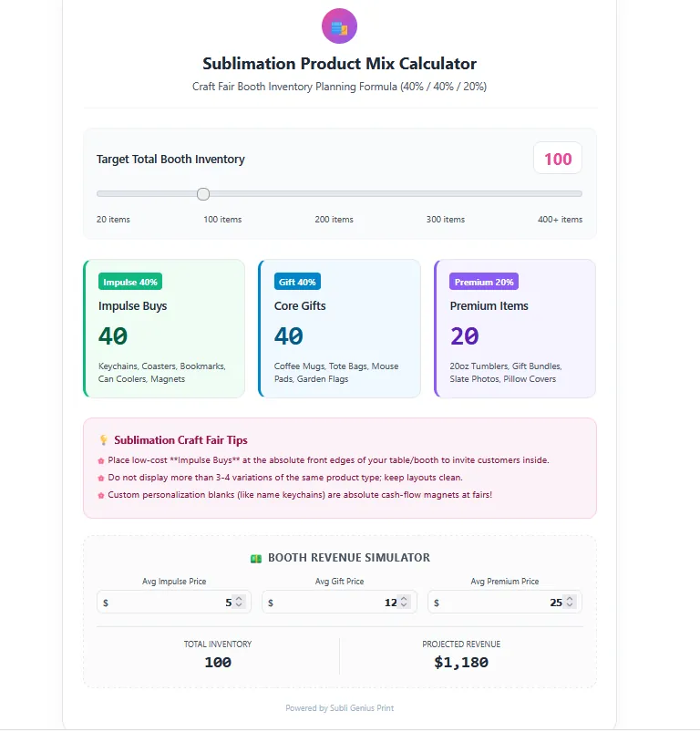 A screen short of Sublimation Product Mix Calculator interface for options to use.