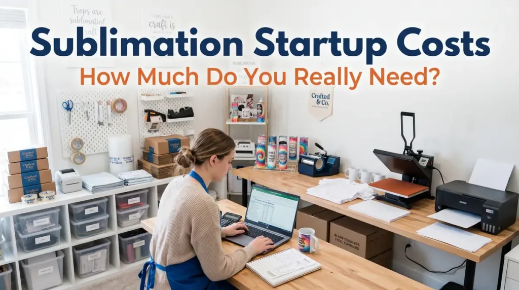 Woman working on laptop in a sublimation startup workspace with printer, heat press, and supplies