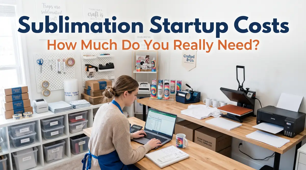 Woman working on laptop in a sublimation startup workspace with printer, heat press, and supplies