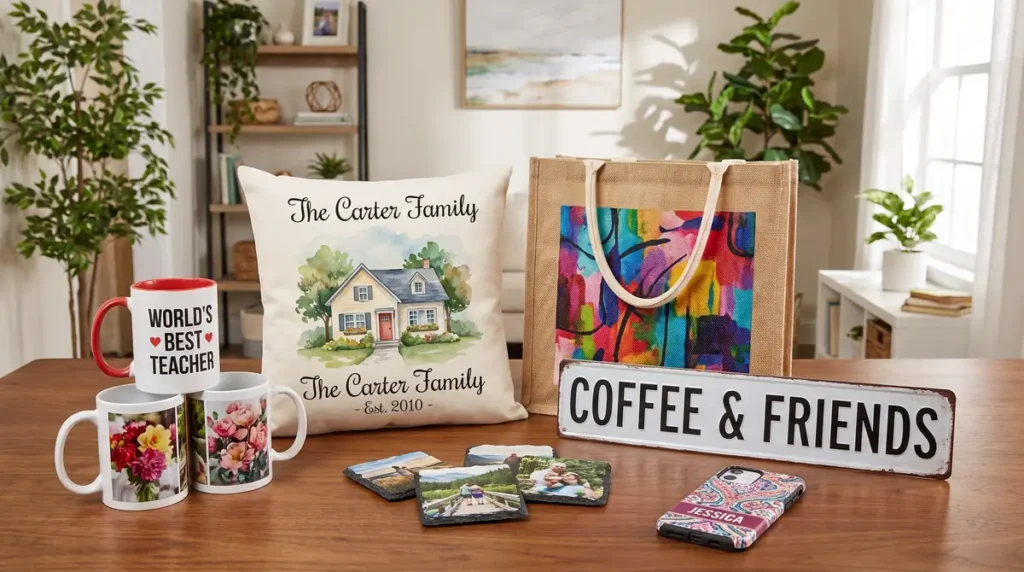 Table with personalized mugs, family pillow, colorful tote bag, photo coasters, sign, and phone case