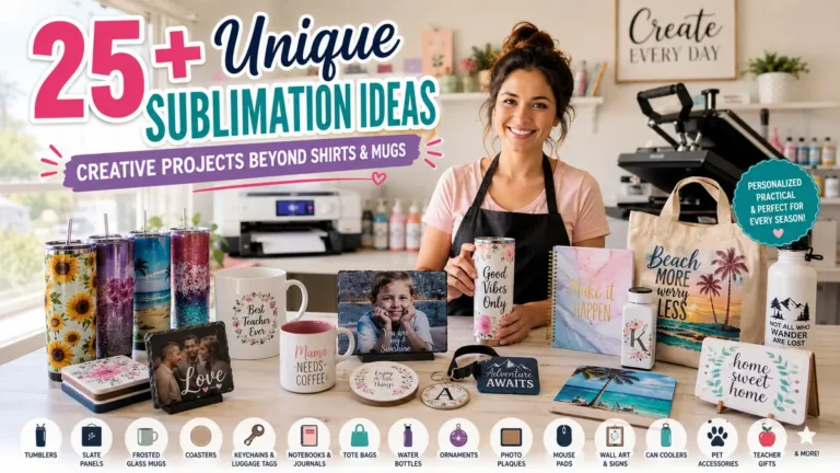 Woman showcasing personalized tumblers, mugs, tote bags, and photo plaques with unique sublimation designs