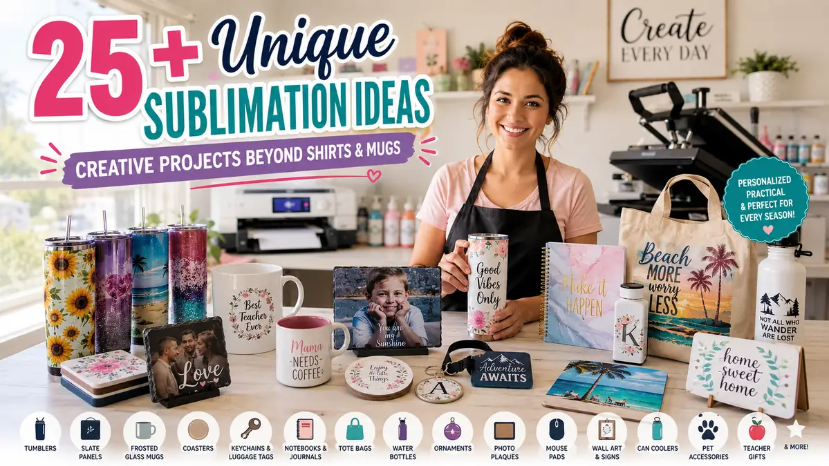 Woman showcasing personalized tumblers, mugs, tote bags, and photo plaques with unique sublimation designs