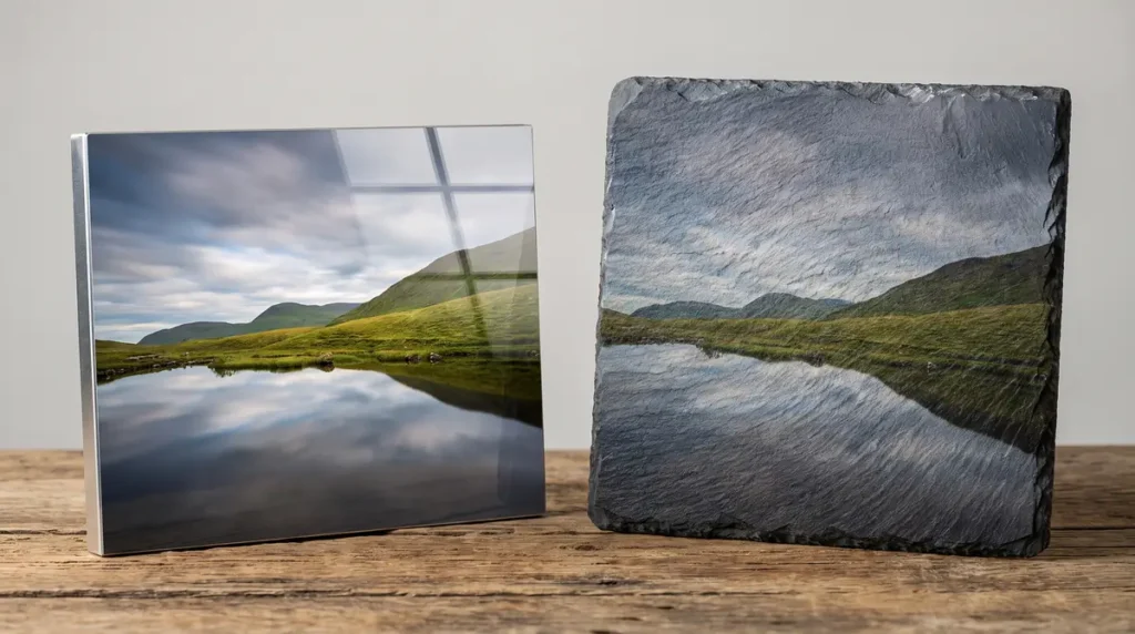 Two photo panels of a serene lake and hills landscape on aluminum and slate surfaces