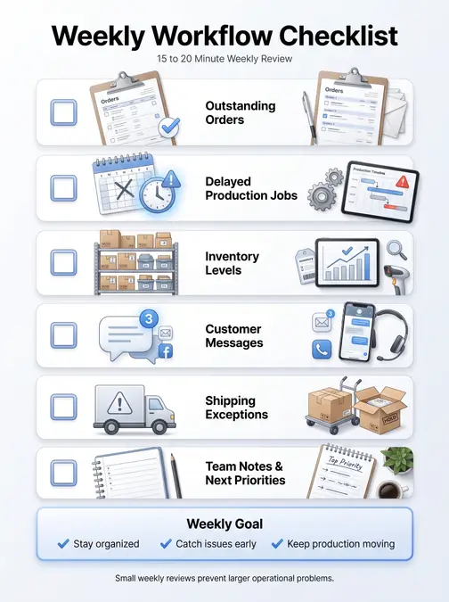 Checklist with icons for outstanding orders, delayed jobs, inventory, customer messages, shipping issues, and team notes