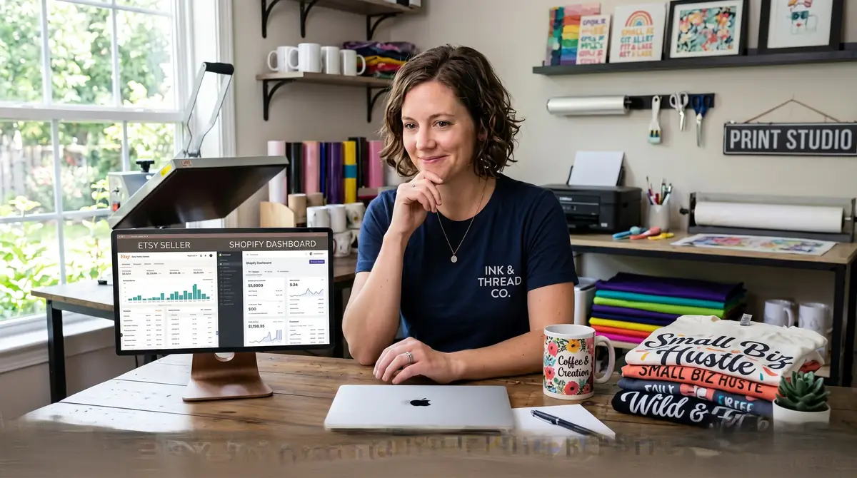 Woman sitting at a desk with a closed laptop, dual monitors showing sales dashboards, and colorful folded shirts