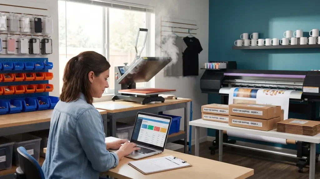 A woman using a laptop in a room with printing and packaging equipment