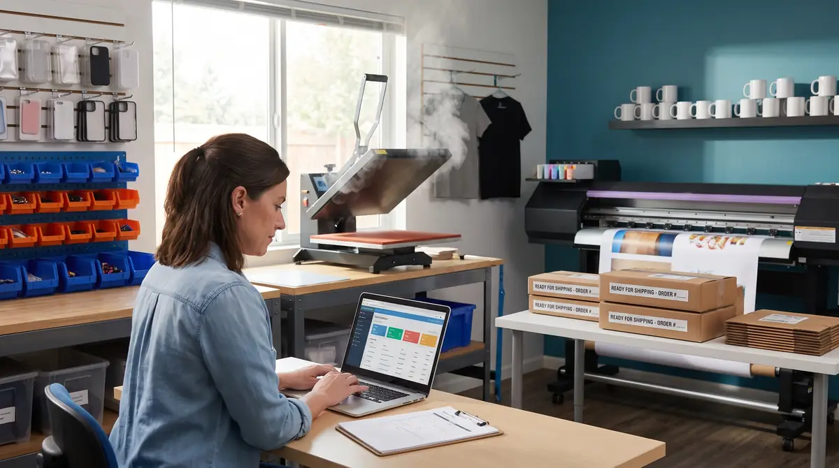 A woman using a laptop in a room with printing and packaging equipment