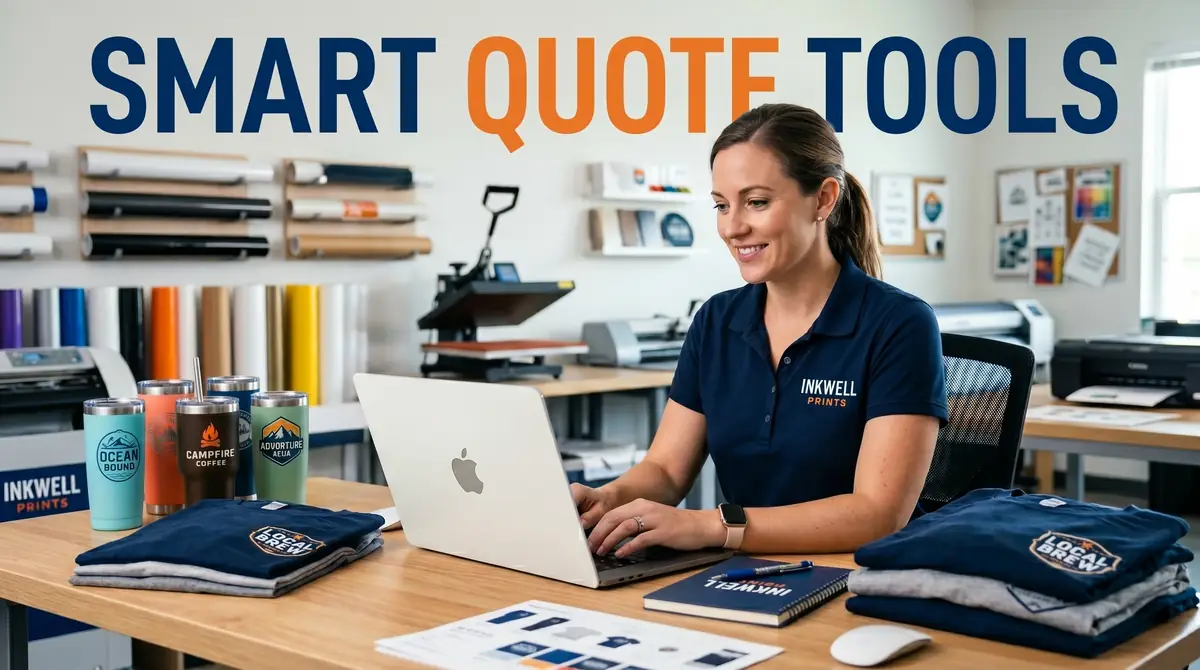 Woman sitting at a desk using a silver laptop with printed tumblers and folded shirts nearby
