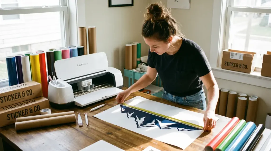 Woman measuring a paper with mountain design using a tape measure in a craft room
