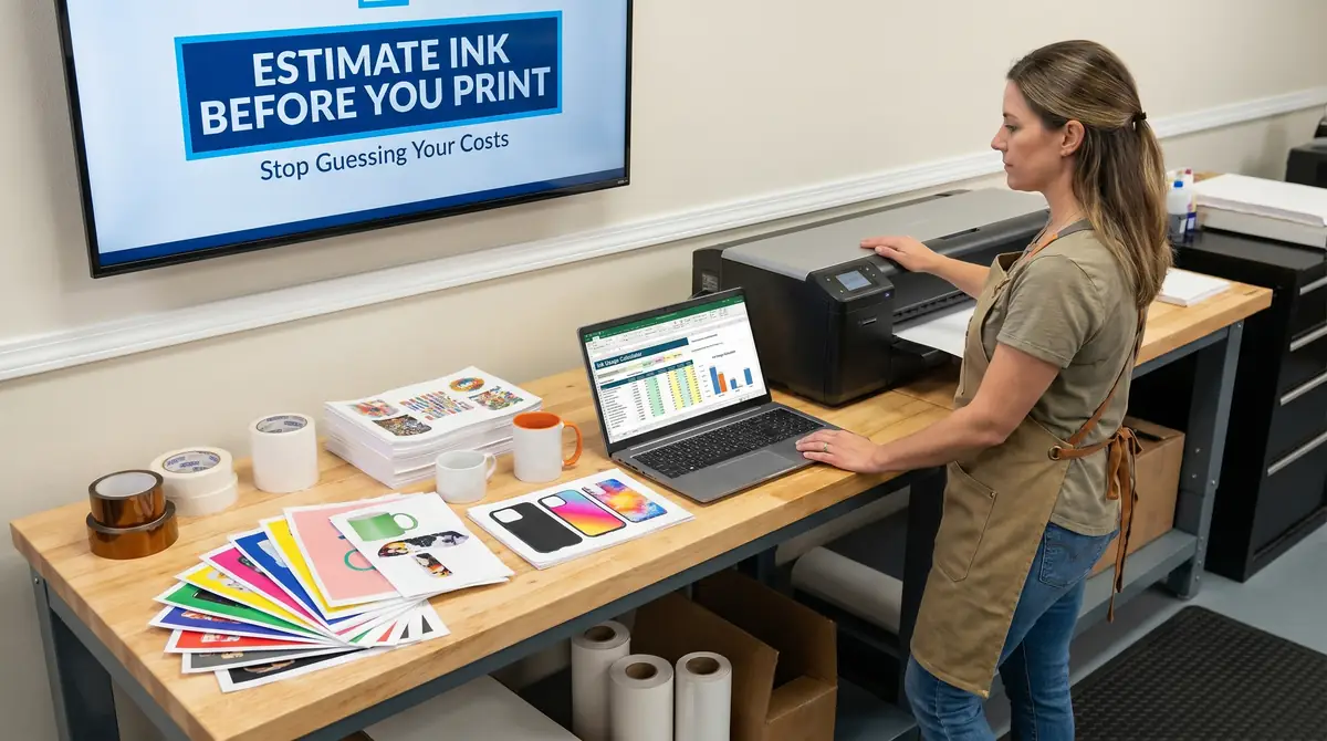 Woman in apron using laptop and printer on wooden table with printed samples and supplies