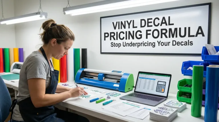 Woman creating vinyl decals at a craft table with a vinyl cutter and laptop