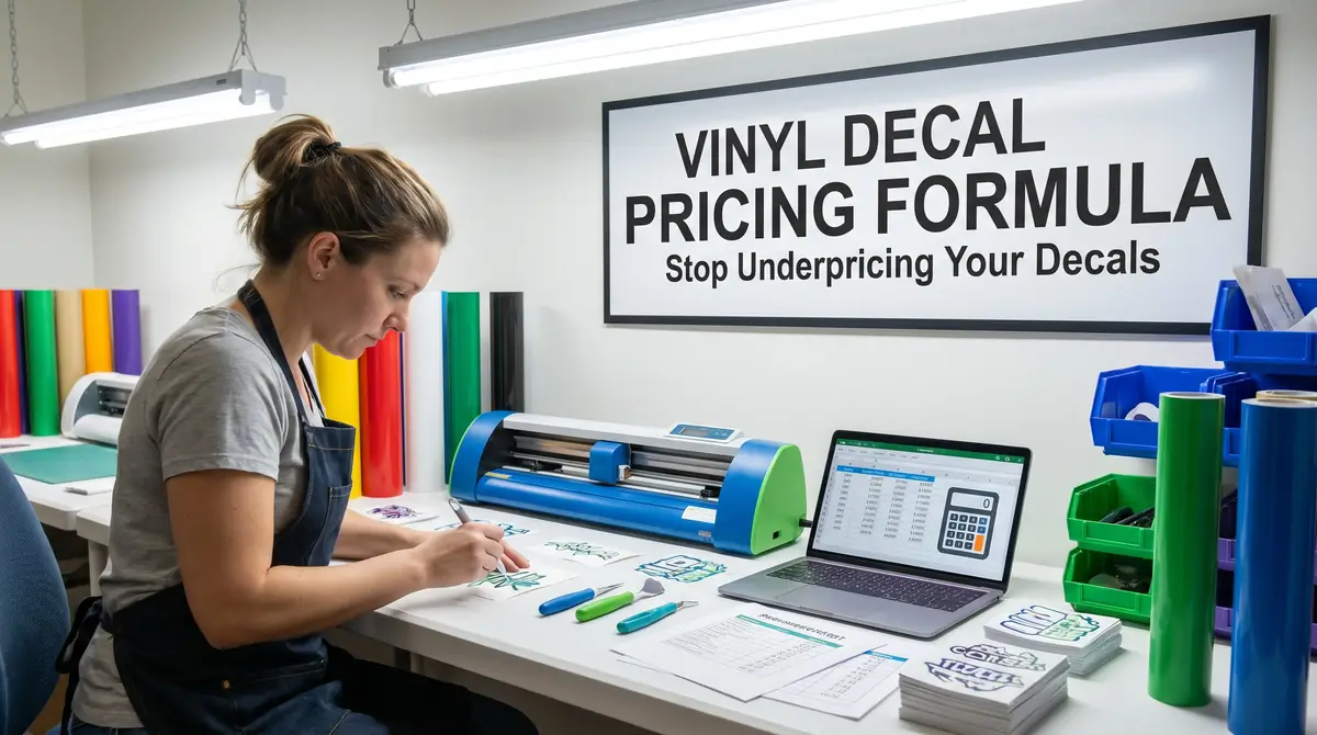 Woman creating vinyl decals at a craft table with a vinyl cutter and laptop