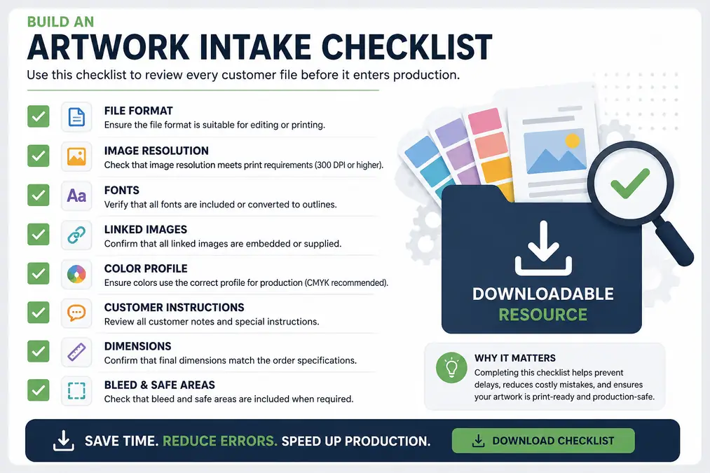 Checklist outlining steps to review customer artwork files before production