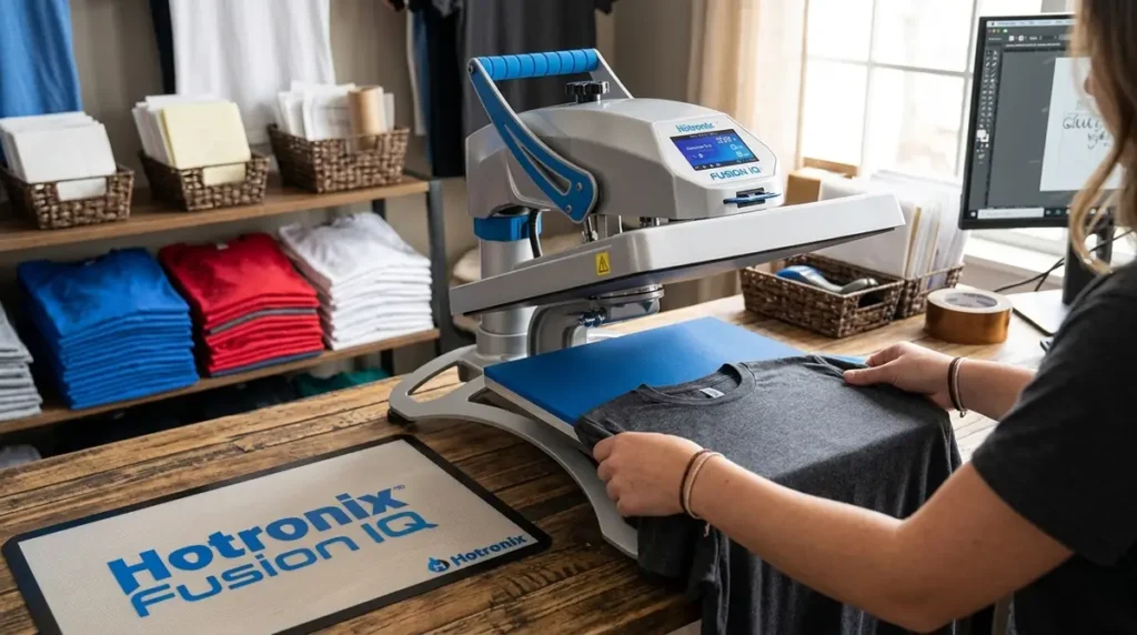 Person placing a gray t-shirt on a heat press machine in a workspace with folded shirts and computer