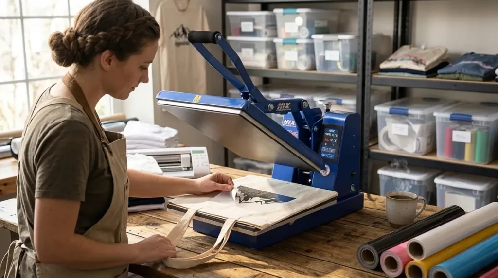 Woman operating blue heat press to transfer design onto a tote bag in a workshop