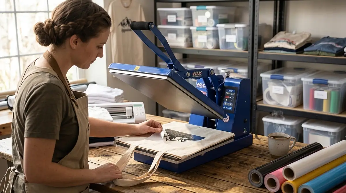 Woman operating blue heat press to transfer design onto a tote bag in a workshop