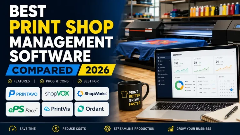 Laptop displaying print shop management dashboard next to a printing machine and a coffee mug