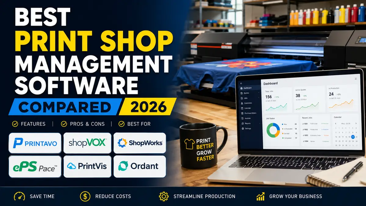 Laptop displaying print shop management dashboard next to a printing machine and a coffee mug