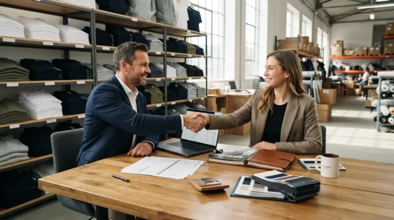 Man and woman shaking hands across wooden table in bright clothing warehouse office