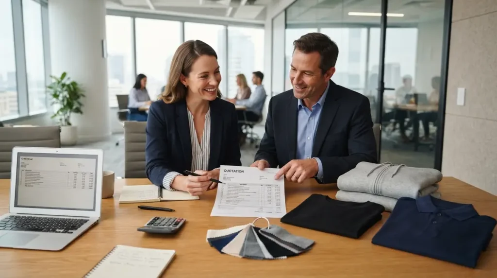 Two business people smiling while discussing a printed quotation sheet with fabric samples on table