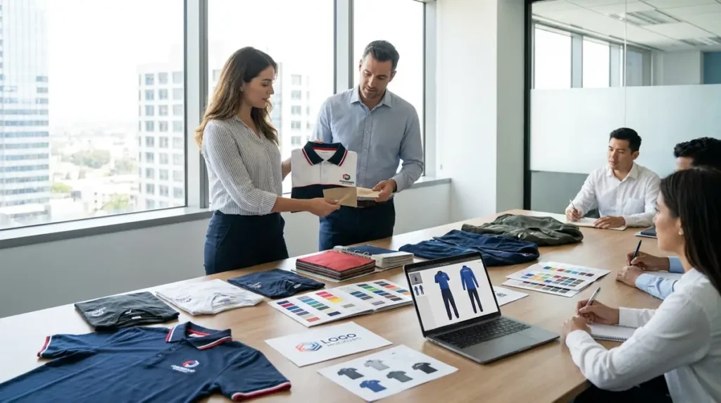 People examining uniform shirt samples and color swatches during a meeting