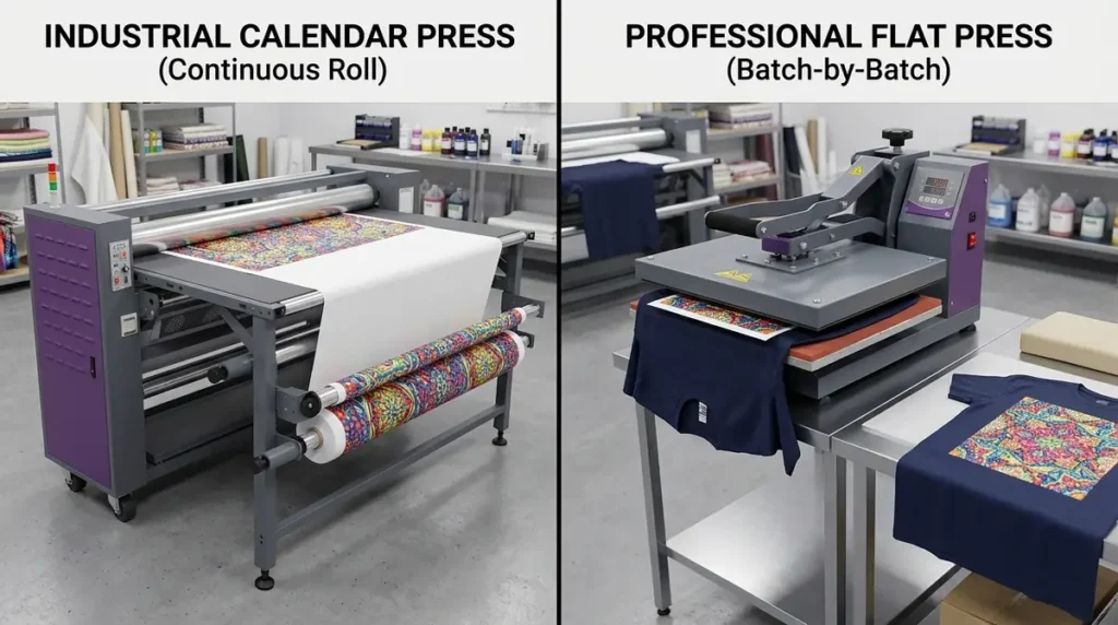 Industrial calendar heat press rolling continuous fabric and professional flat heat press printing on t-shirts