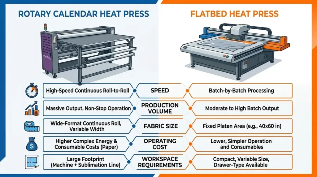 Illustration showing the differences between rotary calendar heat press and flatbed heat press with features and specs