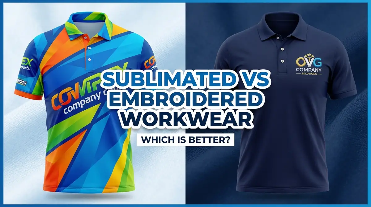 Colorful sublimated polo shirt next to a plain navy embroidered polo shirt