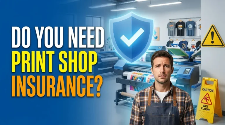 Worried man wearing apron standing in print shop with printing machines and safety signs