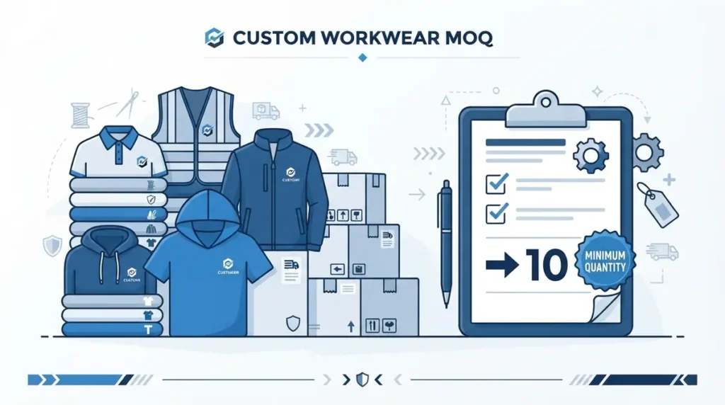 Illustration of custom workwear including jackets, hoodies, polo shirts, safety vest, boxes, and clipboard showing minimum order of 10