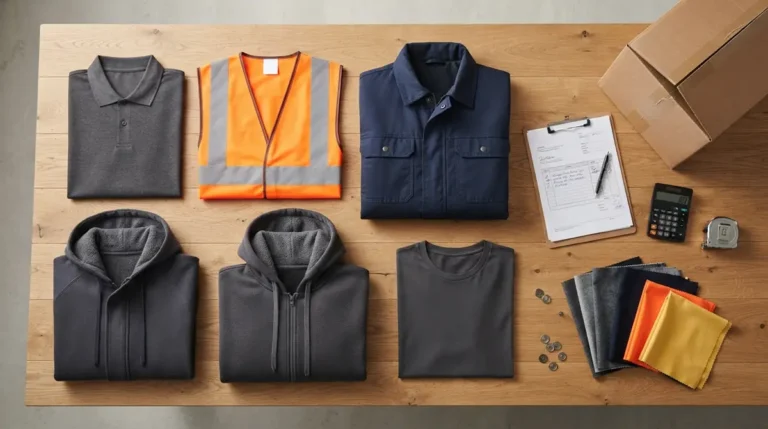 Folded workwear including jackets, hoodies, safety vest, polo, fabric swatches, and office supplies on wooden table