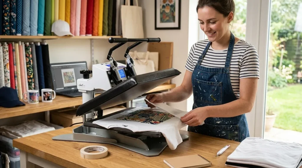 A sublimation creator using a Geo Knight DK20S heat press machine.