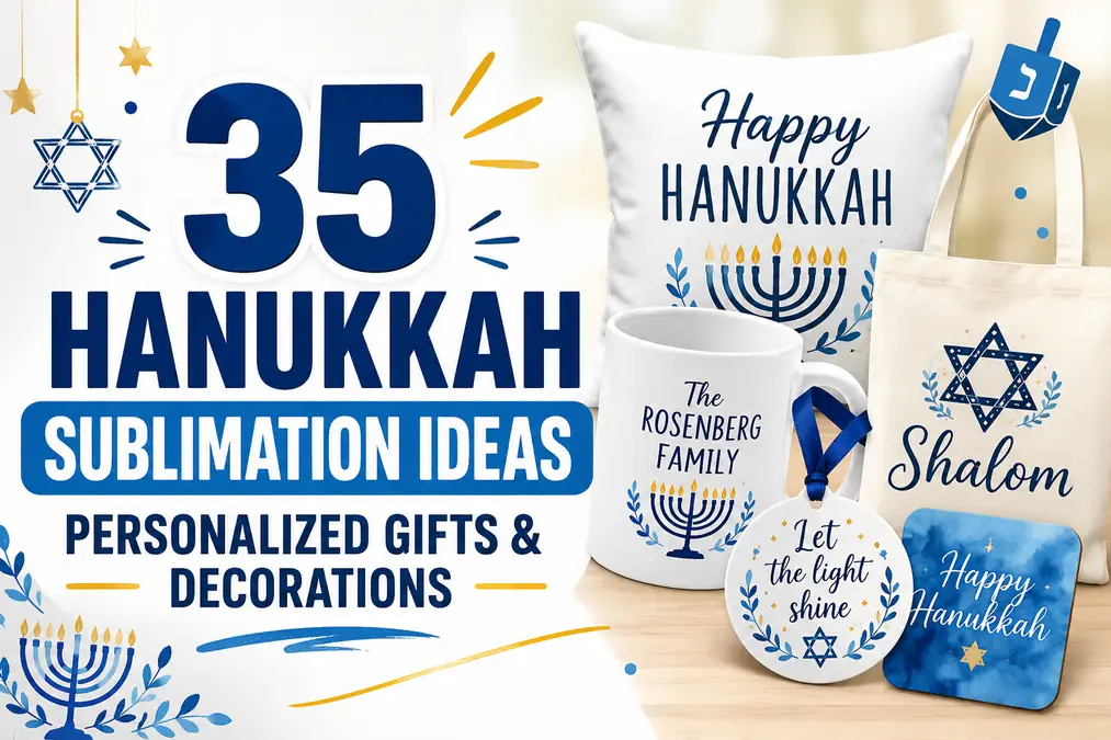 Personalized Hanukkah gifts and decorations with menorah, Star of David, and festive messages