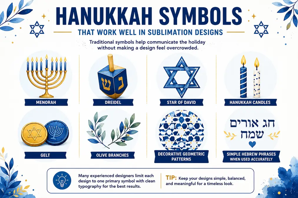 Hanukkah symbols including menorah, dreidel, star of David, candles, gelt, olive branches, geometric patterns, and Hebrew phrases