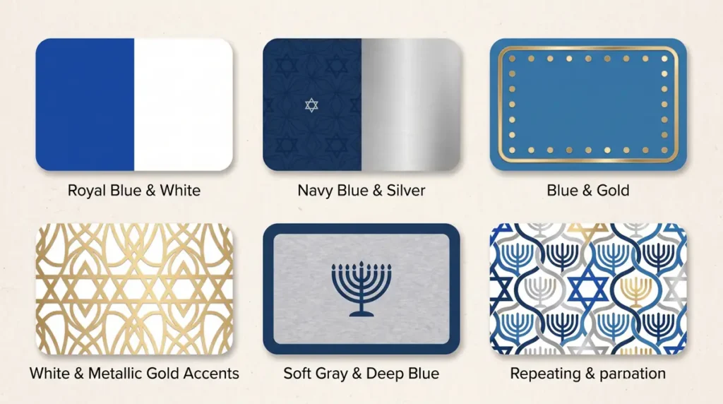 Six Hanukkah color combinations and patterns with blue, white, silver, gold, and gray