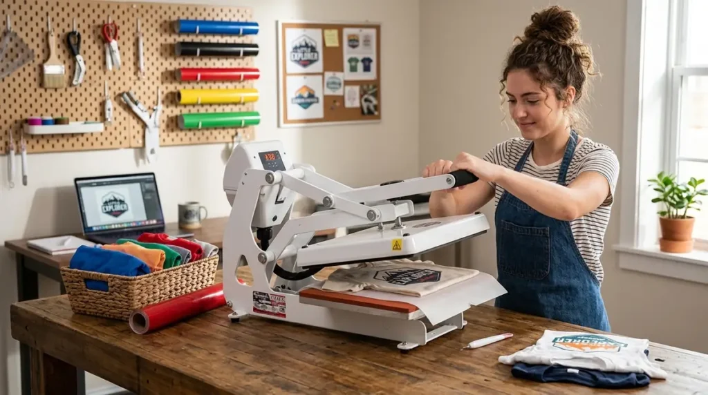 Young woman operating a heat press machine to print designs on t-shirts in a creative workspace