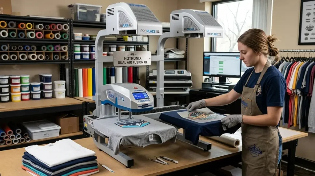 Woman using a heat press machine to print designs on t-shirts in a well-organized workshop