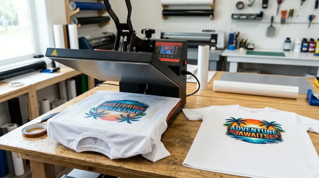 Heat press machine applying colorful design on a white t-shirt