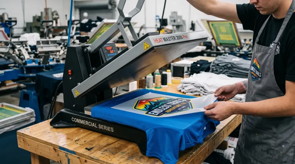 Person using heat press machine to apply a colorful design on a blue t-shirt in a workshop