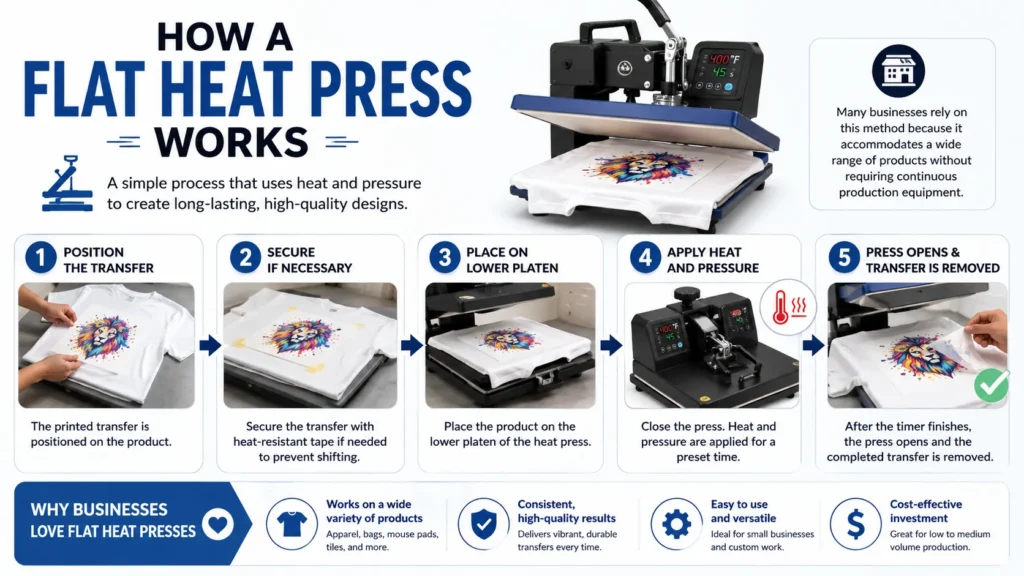 A info graphic that show How a Flat Heat Press Works.