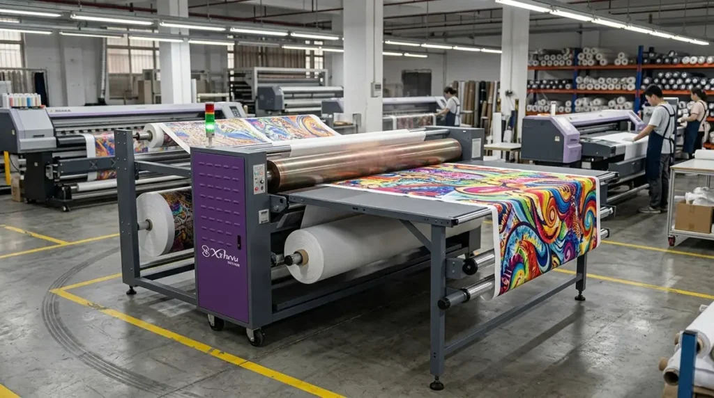 Industrial calendar heat press machine printing colorful fabric in a factory