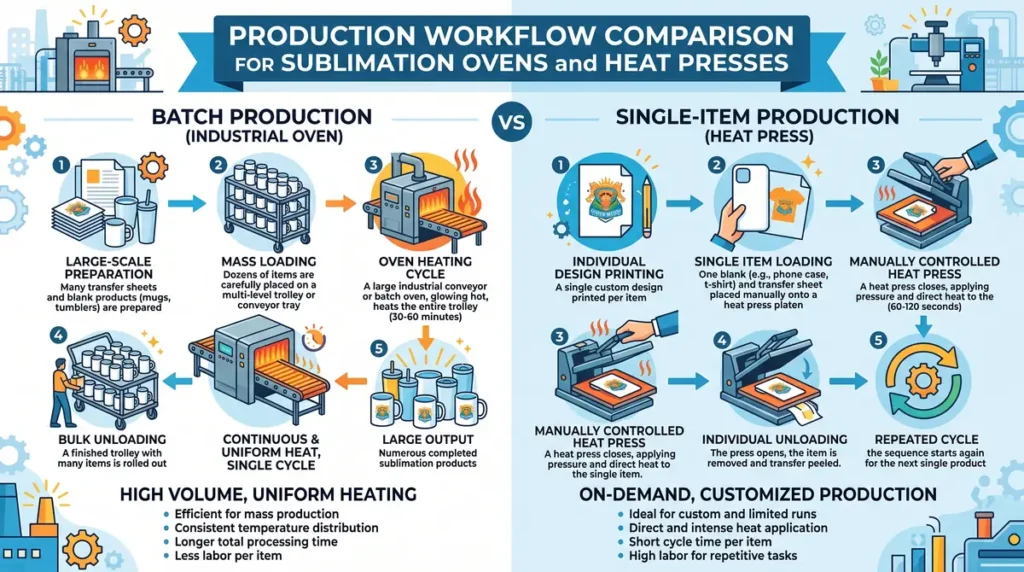 Diagram comparing batch production with industrial sublimation ovens and single-item production with heat presses