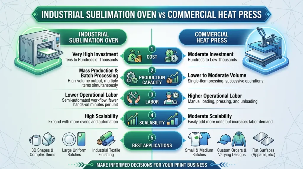 Infographic comparing industrial sublimation oven and commercial heat press with icons and text