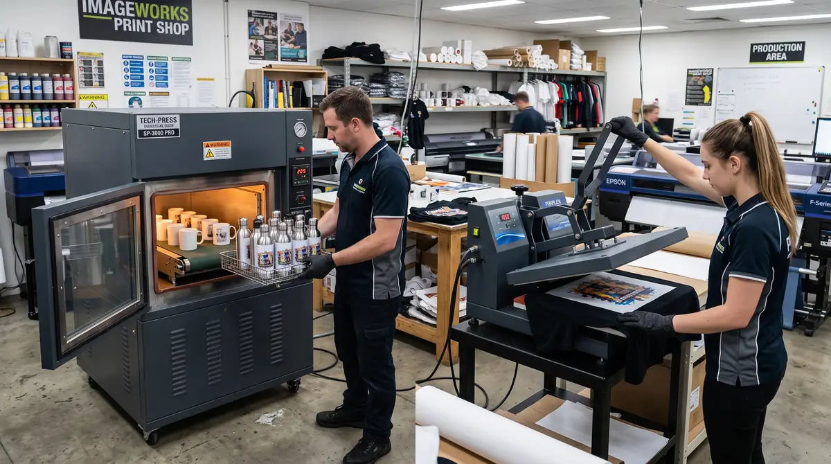 Man loading bottles into industrial sublimation oven and woman using heat press on black t-shirt
