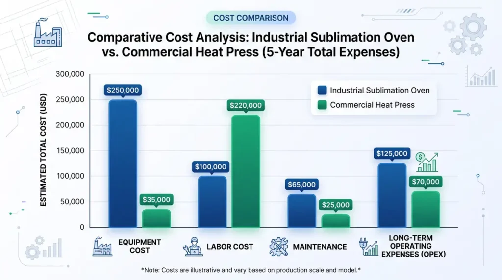 Bar chart comparing five-year total expenses for industrial sublimation oven and commercial heat press