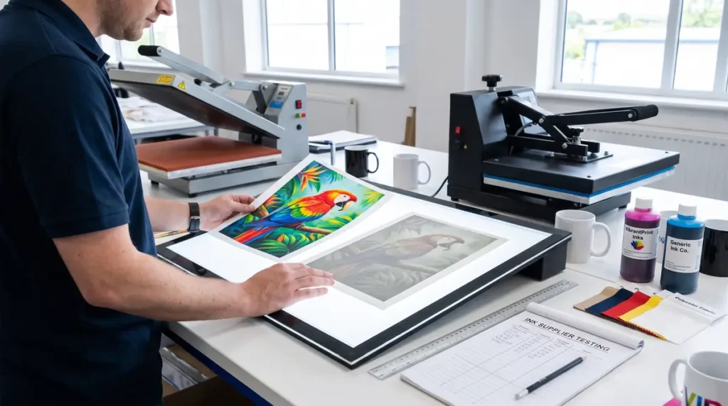 Man inspecting colorful parrot print on paper in a bright printing workshop