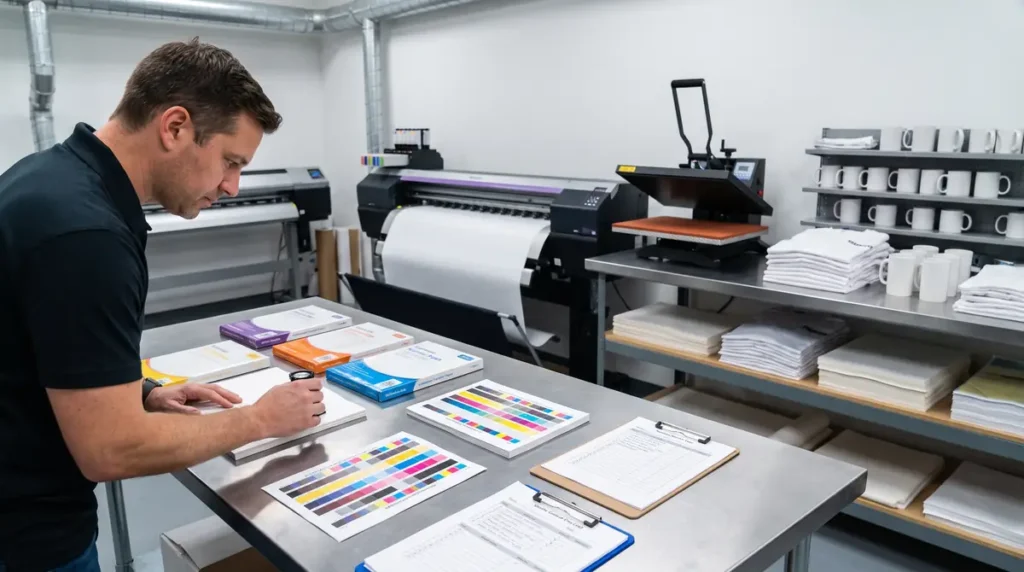 Man examining sublimation transfer paper color samples in a print shop