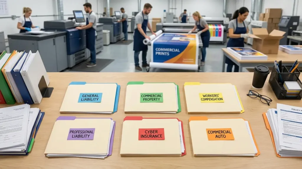 Folders labeled General Liability, Commercial Property, Workers Compensation, Professional Liability, Cyber Insurance, and Commercial Auto on table with workers in background