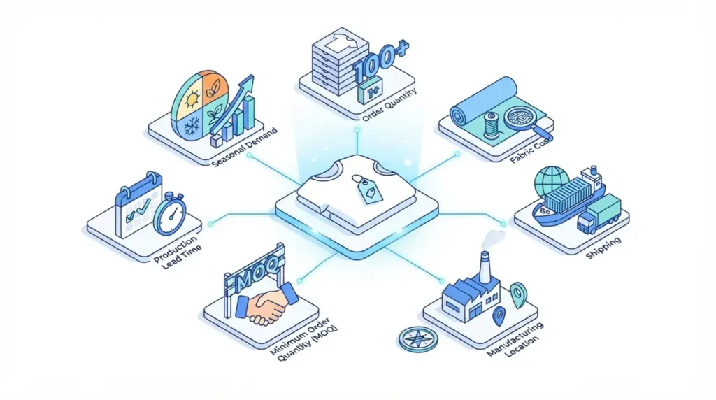 Isometric infographic showing clothing production factors including seasonal demand, order quantity, fabric cost, shipping, manufacturing location, minimum order quantity, and production lead time