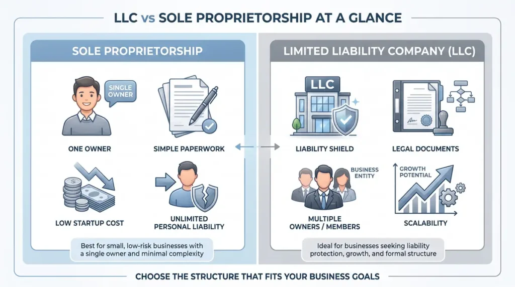 Infographic comparing Sole Proprietorship and LLC characteristics for business owners
